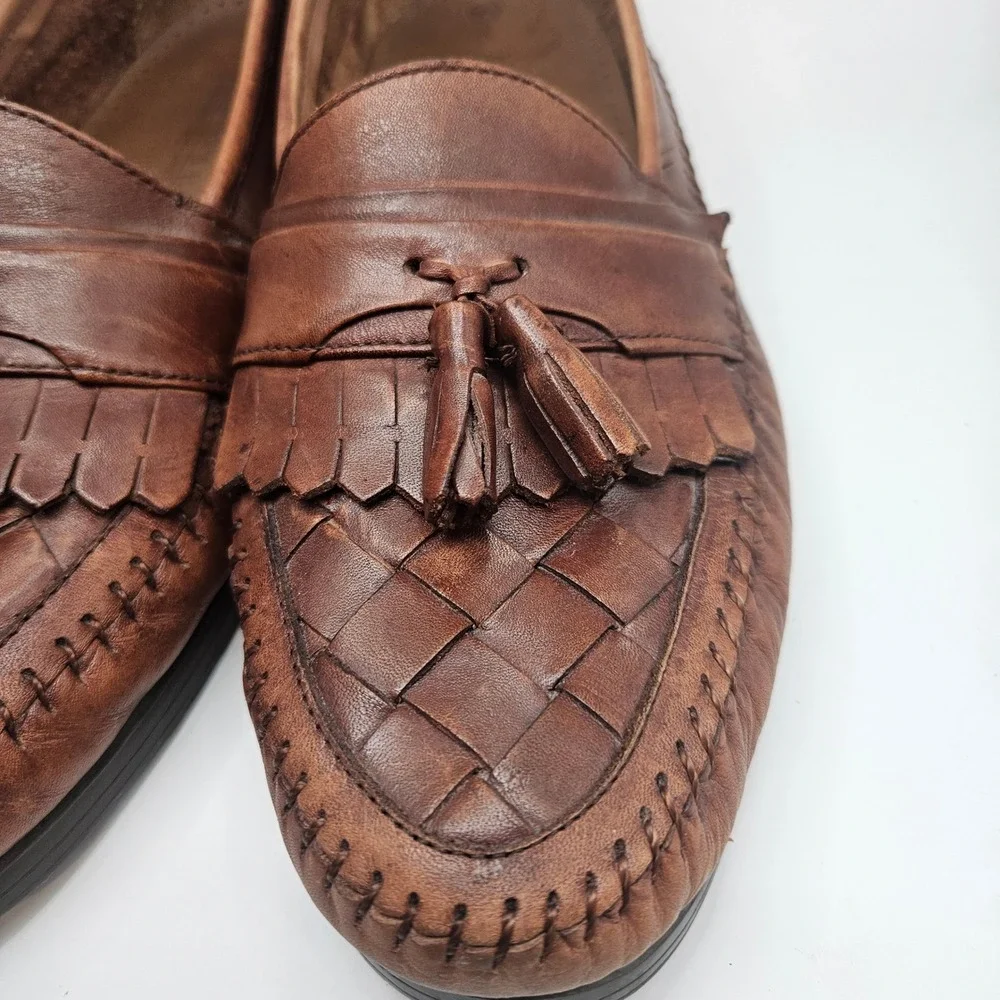 Hunters Bay Mens Brown Woven Leather Tassel Kiltie Loafers Size 9.5 Slip On